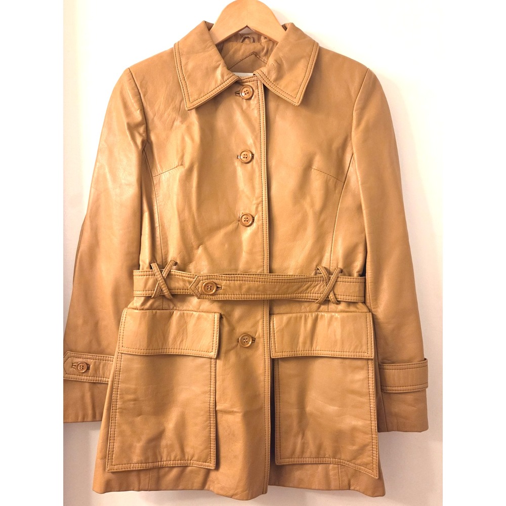 VTG ATACA I Leather Coat M Carmel Tan Button Up Leather Belt Lined Hong Kong